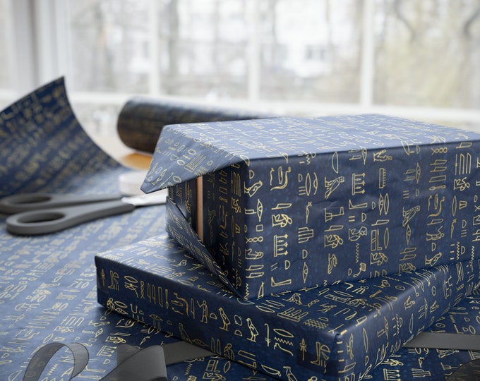 Gold and Blue Ancient Egyptican Hieroglyphics Wrapping Paper - Great for witchy gifts, birthday, Wiccans, pagan, witches Historians