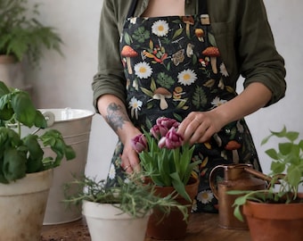 Kitchen Witch Apron - Featuring moths, mushrooms, botanicals, flowers & plants -  One Size - witchy gift, pagan gift, wiccan gift