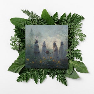 May include: A painting of four figures in white robes standing in a field of flowers. The figures are facing forward and have their heads bowed. The background is a soft blue and green.
