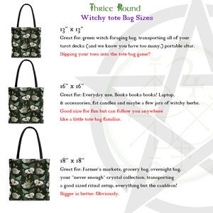 May include: Three tote bags with a floral print in shades of green and white. The bags are shown in three sizes: 13" x 13", 16" x 16", and 18" x 18". The text describes the uses for each size bag.