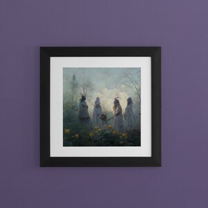 May include: A framed painting depicting four figures in white robes walking through a field of yellow flowers. The figures are in a misty forest setting with trees and a blue sky in the background.