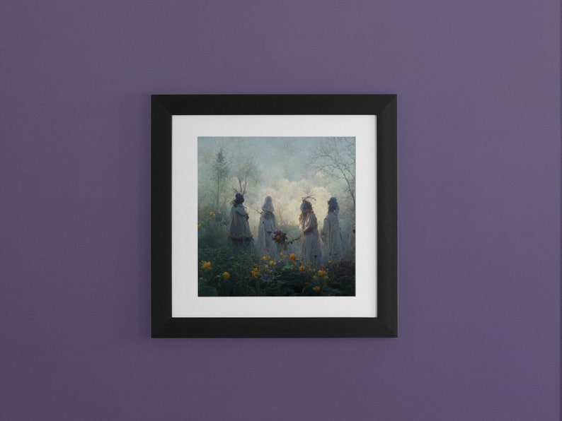 May include: A framed painting depicting four figures in white robes walking through a field of yellow flowers. The figures are in a misty forest setting with trees and a blue sky in the background.