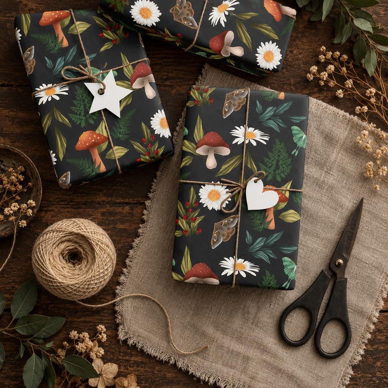 Peut inclure: Trois cadeaux rectangulaires emball&eacute;s dans du papier noir avec un motif de champignons rouges, de marguerites blanches, de foug&egrave;res vertes et de papillons de nuit. Les paquets sont li&eacute;s avec de la ficelle brune et orn&eacute;s d'&eacute;tiquettes en papier blanc.