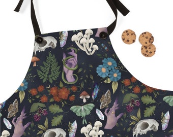 Kitchen Witch Apron - Featuring skulls, moths mushrooms, botanicals, crystals flowers & plants -  One Size - witchy gift, wiccan gift