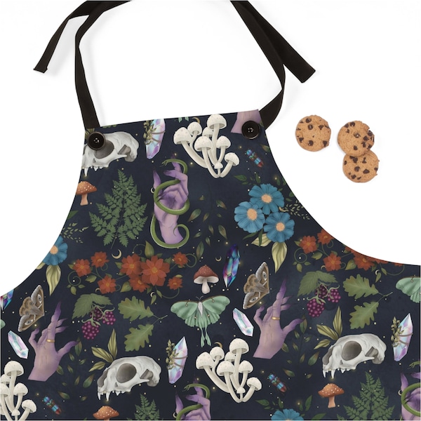 Kitchen Witch Apron: Skulls, Moths & Botanical Print