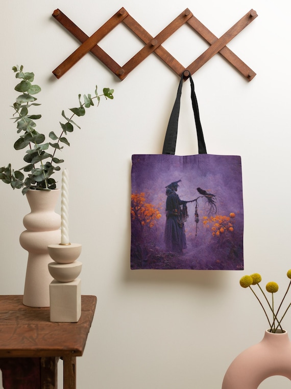 Witchy Tote Bag - Spooky Purple & Black Tote bag - Witch silhouette with black raven - Samhain inspired small medium large totes
