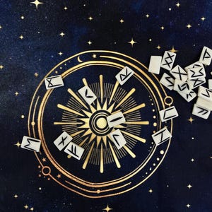 May include: White rune stones with black markings on a dark blue background with gold stars and a gold circle with a sun design.