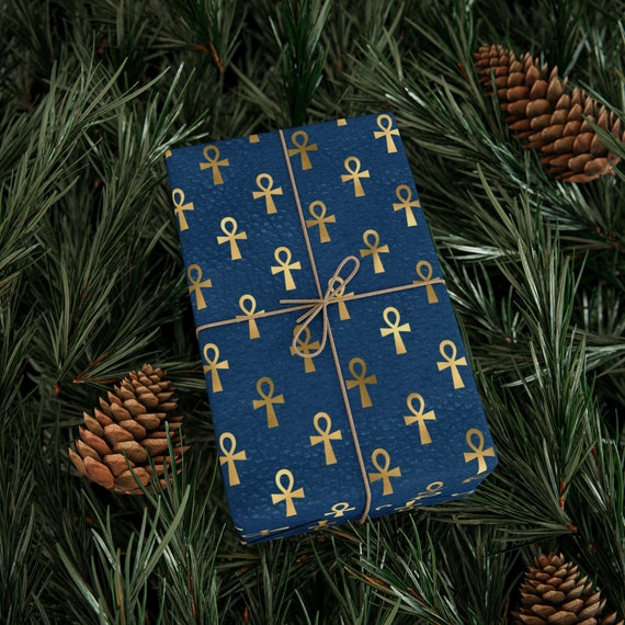 Egyptian Ankh Wrapping Paper - Pagain Gift Wrap - Great for witchy gifts, birthday, Wiccans, pagan, Cross, blue and gold