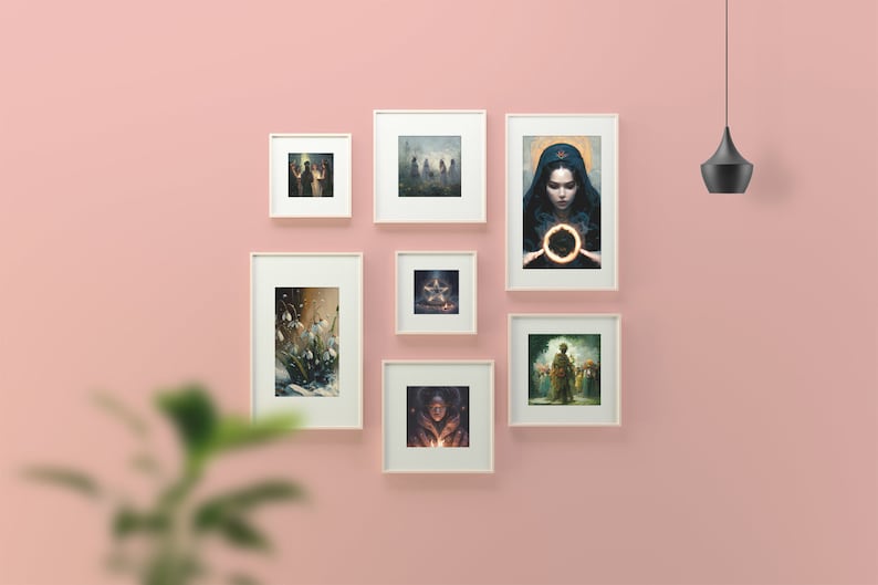 May include: A pink wall with seven white picture frames, each containing a different image. The frames are arranged in a staggered pattern. A black pendant light hangs from the ceiling.