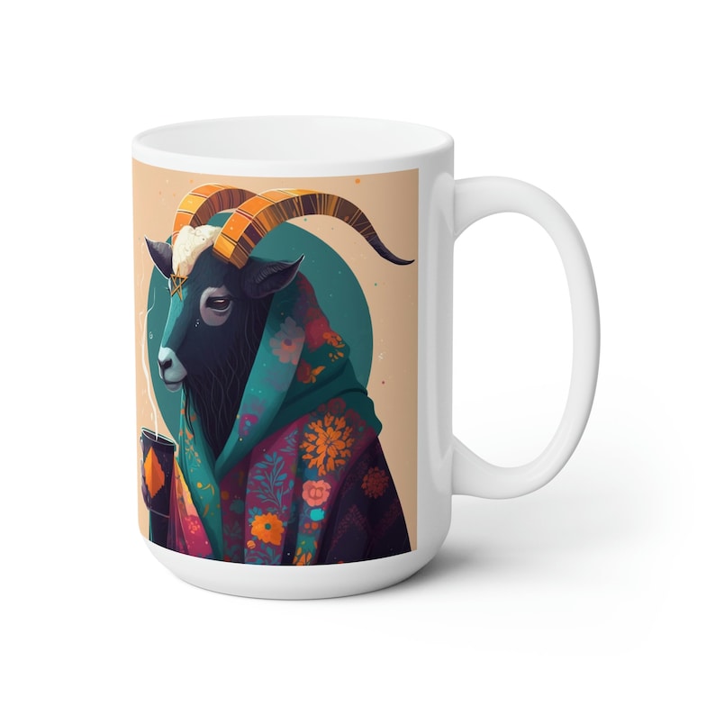 Cozy Baphomet Mug - 15oz White Mug - Cute Baphomet sipping tea | modern design | witchy mugs | satanic mug | goat mug | cottagecore image 2