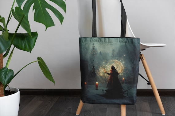 Witchy Tote Bag - Witch casting a circle on a cold winter's night - blue black tote, grocery bag, pagan gift, wiccan gift, witchy gift