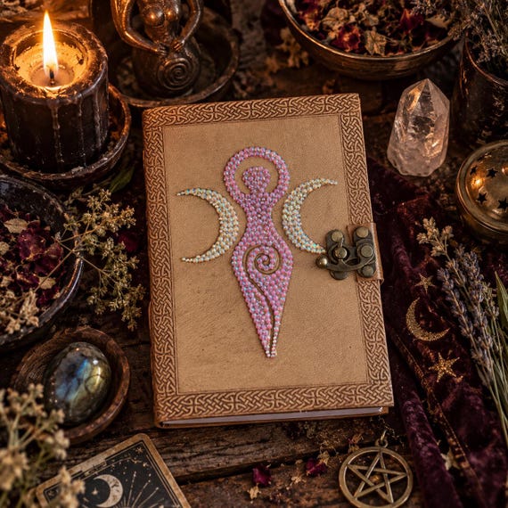Earth & Moon Goddess Leather-Bound Book of Shadows or Journal | Handmade and hand decorated