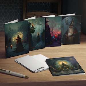 Cartes de voeux de Noël - lot de 5 - lot de cinq cartes de voeux du solstice d'hiver pour païens, sorcières, wicca - Cartes de Noël sorcières Noël païen