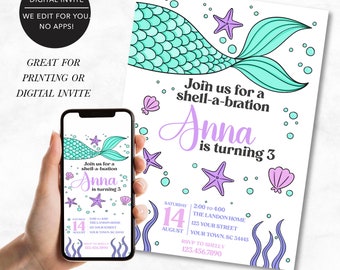 Digital inbjudan till den lilla sjöjungfruns födelsedagsfest Anpassad sjöjungfrufödelsedagsinbjudan PDF Utskrivbar inbjudan till poolparty med flickor under havet
