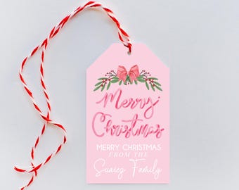 Customized Pink Christmas Tag Pink Wreath Christmas Tag Personalized Merry Christmas Pink Tag Printed Christmas Tags Custom Pink Holiday Tag