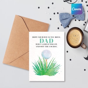 Biglietto d'auguri per papà golfisti, biglietto personalizzabile Canva, biglietto stampabile per la festa del papà, biglietto per la festa del papà golfista, biglietto Tee-rific per la festa del papà, biglietto stampabile per il papà