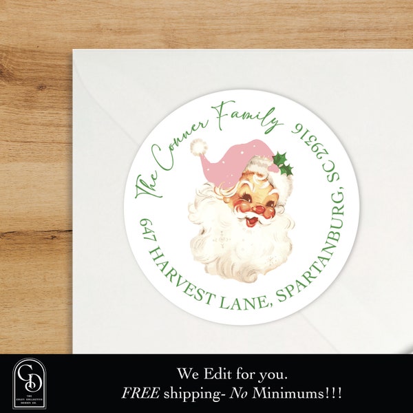 Pink Santa Christmas Address Label Vintage Santa Return Address Label Pink Christmas Label Circular Santa Labels Jolly Saint Nick Label