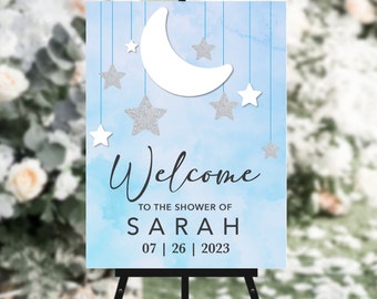 Twinkle Twinkle Little Star Babyparty Junge Willkommensschild Stern und Mond Babyparty Schaumstoffplatte Blaues Aquarell Junge Babyparty Kokettenschild