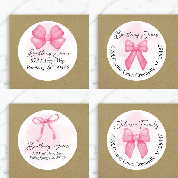 Coquette Pink Bow Return Address Label Girl Baby Shower Customized Label Girl Birthday Label Tea Party Pink Watercolor Bow Address Label