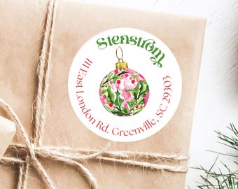 Pink And Green Watercolor Festive Ornament Holiday Label Christmas Return Address Label