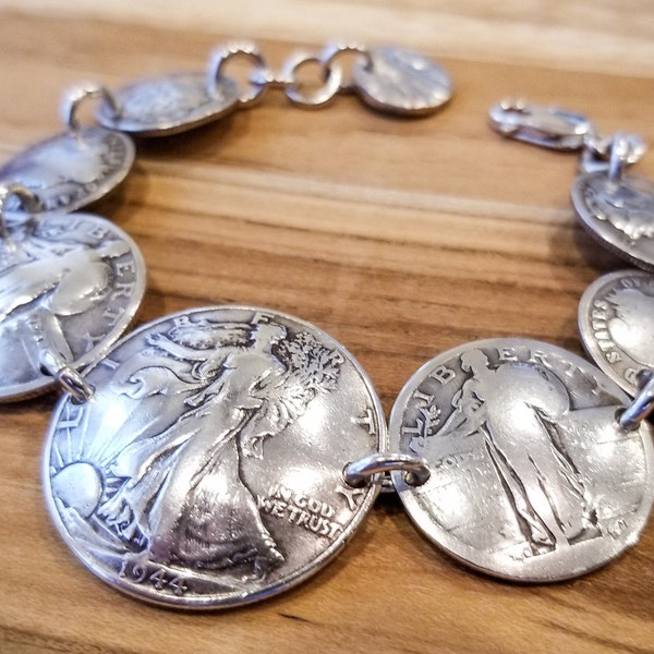 Bracelet Handmade from Vintage Silver Walking Liberty Half Dollar, 2 Standing Liberty Quarters, 2 Barber Dimes, 2 Mercury Dimes