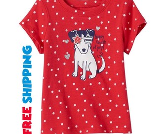 Baby Girl's T-shirt. 9 Months, Happy 4th of July. Puppy Shirt Patriotic T-Shirt. July 4th Shirts. USA Independence Day Tee Toddler Red