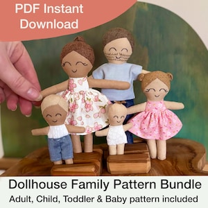 May include: A dollhouse family of five handmade dolls. The dolls include a mother, father, and three children. The mother doll wears a white dress with pink floral print. The children wear blue jeans, a white dress, and a pink dress. The text "PDF Instant Download" is at the top.