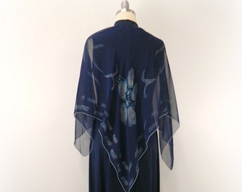 Vintage 70s Evening Dress with Shawl ... Navy Blue Maxi, Empire Waist, Sheer Shawl with Floral Print ... Plunging V-Neck, Flattering Fit