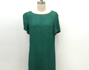 Vintage 1950s Green Shift Dress...Size Med-Lrg...Emerald Green Ribbon Work Dress...Short Sleeve...Long Evening Dress Gown...Sack Dress