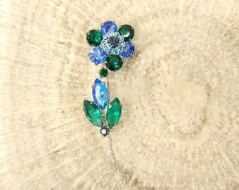 Vintage 1970's Flower Brooch / Pin...Blue Green Rhinestone Flower Stem Jewelry...Rhinestone Pin...Silver Backing