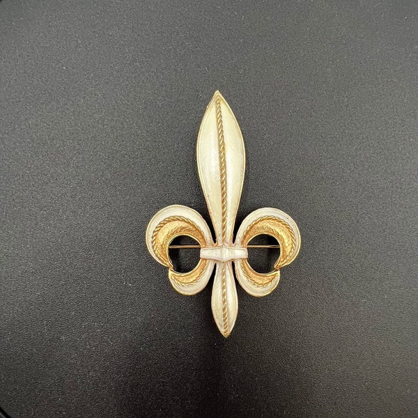 Vintage Celebrity NY Signed Brooch | Fleur De Lis in Gold and White