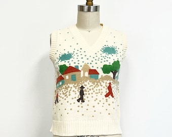 Vintage  Sweater Vest | 1970s  Novelty Print Windmill  - Farm Scene on Ecru | Size Small