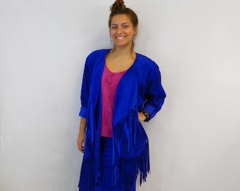 AMAZING 3 Pc Fringe Suede Skirt Set ... Cobalt Blue Jacket, Skirt, Magenta Camisole ... 80s City Slicker Western Wear, Festival Style