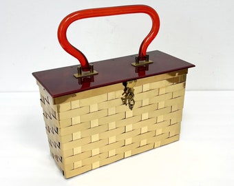 Vintage Dorset Rex Gold Metal Basket Purse | 1950s Cage Handbag | Lucite Handle