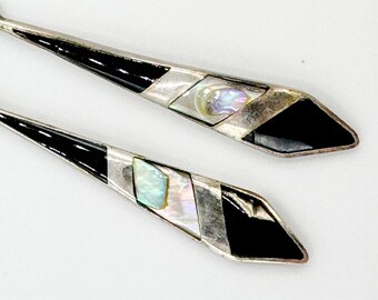 Vintage 70s Abalone Earrings | Alpaca Mexico Sterling Silver  Dangle Earrings