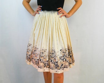 Vintage Novelty Print Circle Skirt, XS  | 40s/50s Chinoiserie Border Print Skirt  | Cream, Blue, Brown Scenic Print