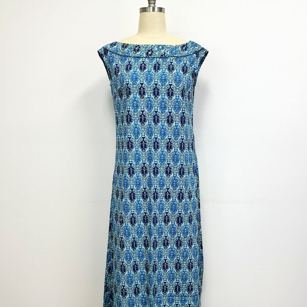 Vintage 1980s Ethnic Print Maxi Dress with Jeweled Collar | Sleeveless Blue and Aqua | Size Large