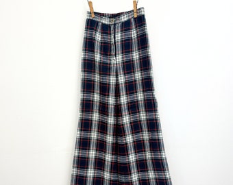 Vintage 1970s Plaid Wool Flared Leg Pants | High Wiasted | Fully Lined | Size XS to S