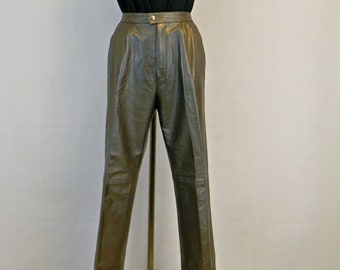 Vintage Gunmetal Gray Leather Pants, Size 12  |   80s Metallic Silver-Gray Straight Leg Pants  | Retro Boutique Rocker Pants
