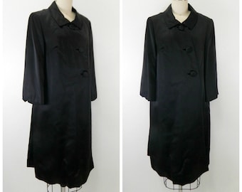 Vintage 60s Black Satin Swing Coat ... Large Cocktail Dress Topper/Overcoat ... Fully Lined, 3-Button Front ... Miss Elliette Designs