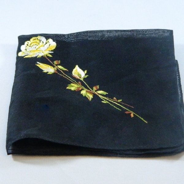 Floral Embroidered Handkerchief ... Vintage Handkerchief ... Black Handkerchief with Yellow Flower