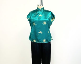 Vintage 1940s - 50s Oriental Satin Pajamas | 2 Piece Set | Emerald Green and Champaign Pants and Cheongsam Top | Size 38