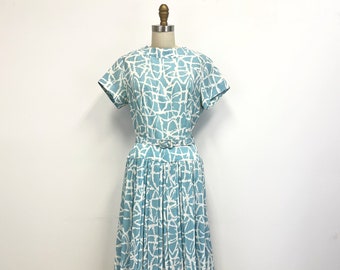 Vintage Secretary Dress | Belted Short Sleeve Dress with Pleated Skirt | Robin Egg Blue and White | Size Small to Medium