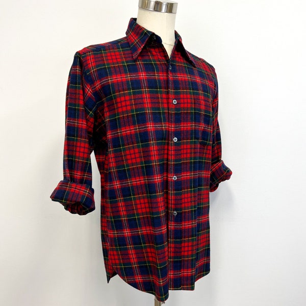 Vintage 1970s Pendleton Mens Wool Plaid Shirt | Red and Blue Tartan Plaid Lodge Shirt | Size Large