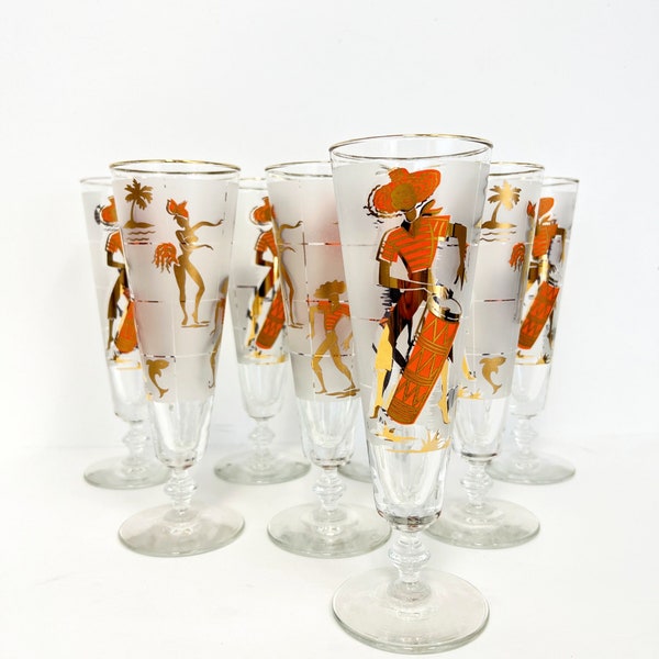 Vintage MCM Caribbean Calypso Frosted Pilsner Glasses by Libbey | 1950s Set of  8 Orange and Gold