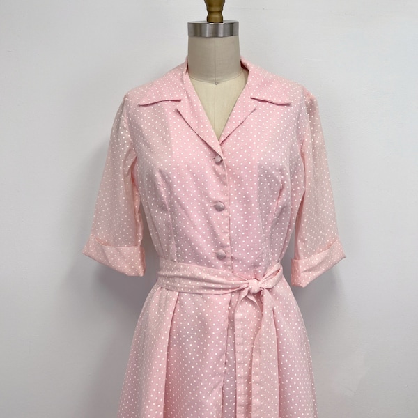Vintage Belted Shirtwaist Dress | 70s Does 40s | Pink with White Polka Dots | Size  8