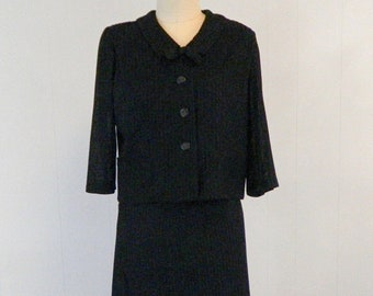 Vintage 1960s Two Piece Women's Suit | Black Blazer with Bow Detail & Matching Black Skirt | Women's Size Large