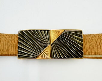 Vintage 80s Embossed Belt in Natural with Rectangular Ridged Buckle