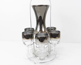 Vintage 1950's Barware Set...Silver Ombre Dorothy Thorpe Style Wine Decanter & Wine Glasses Set w/ Stand..Drink Decanter with 6 Wine Glasses