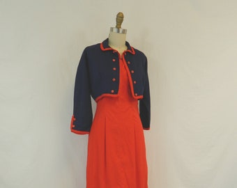 50s Wiggle Dress and Jacket ... Body Con Dress and Bolero  2 Piece Set in LIpstick Red and Navy Blue ... Size Extra Small to Small